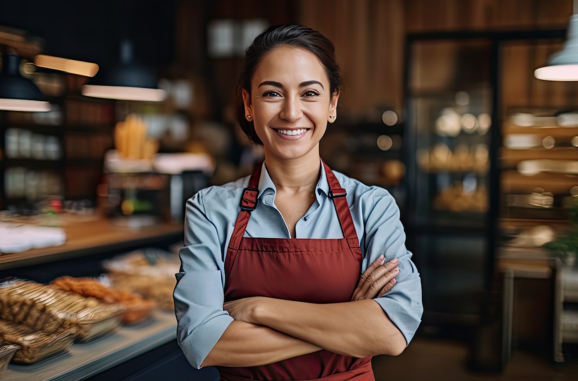 Casual worker in a bakery smiling.