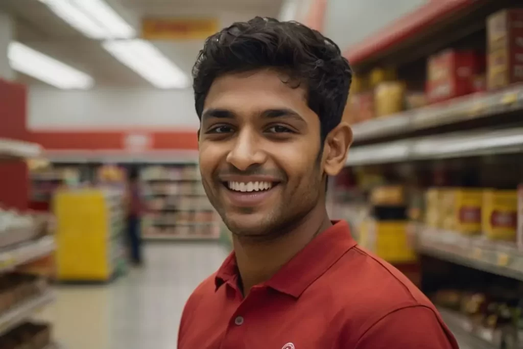 Retail worker smiling at all of the tax deductions he can claim
