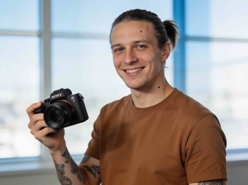 Male photographer holding a Sony Alpha 7 V
